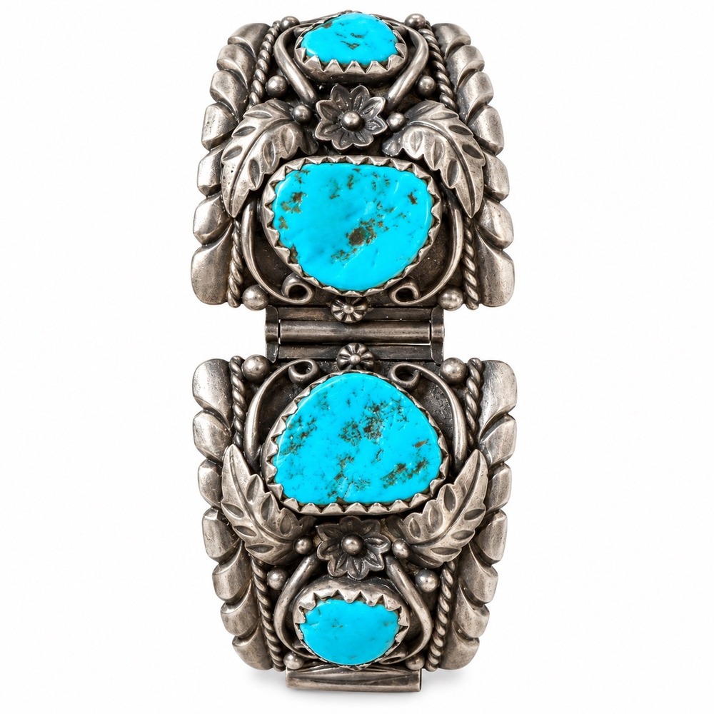 Vintage Navajo Watch Band Turquoise Sterling Silver Floral Signed Old Pawn